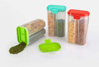 Plastic 2 Sections Air Tight Transparent Food Grain Cereal Storage Container (2 Ltr) (With Box)
