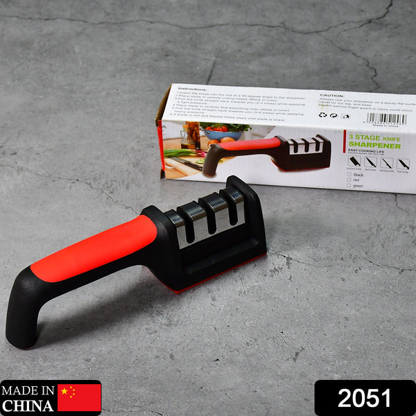 Manual Red Knife Sharpener 3 Stage Sharpening Tool For Ceramic Knife And Steel Knives.